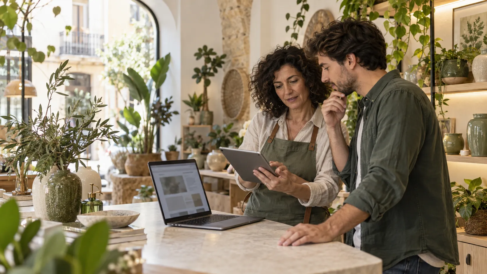 Una empresaria y un técnico comparan una tablet y un portátil durante la revisión de una web en una tienda de plantas.