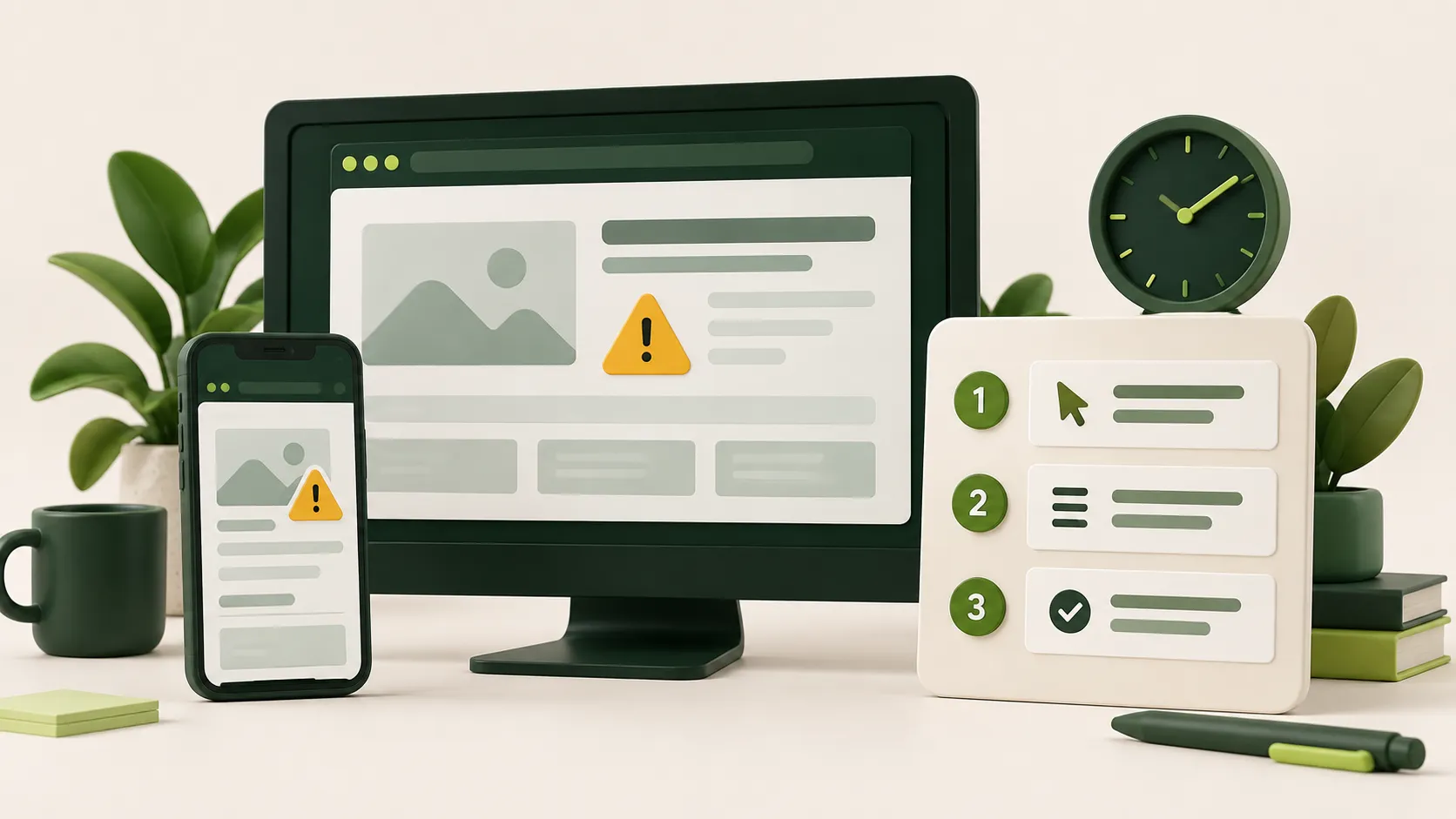 Ilustración de una web con un aviso de error, un móvil, un reloj y una ficha para comunicar una incidencia al soporte.
