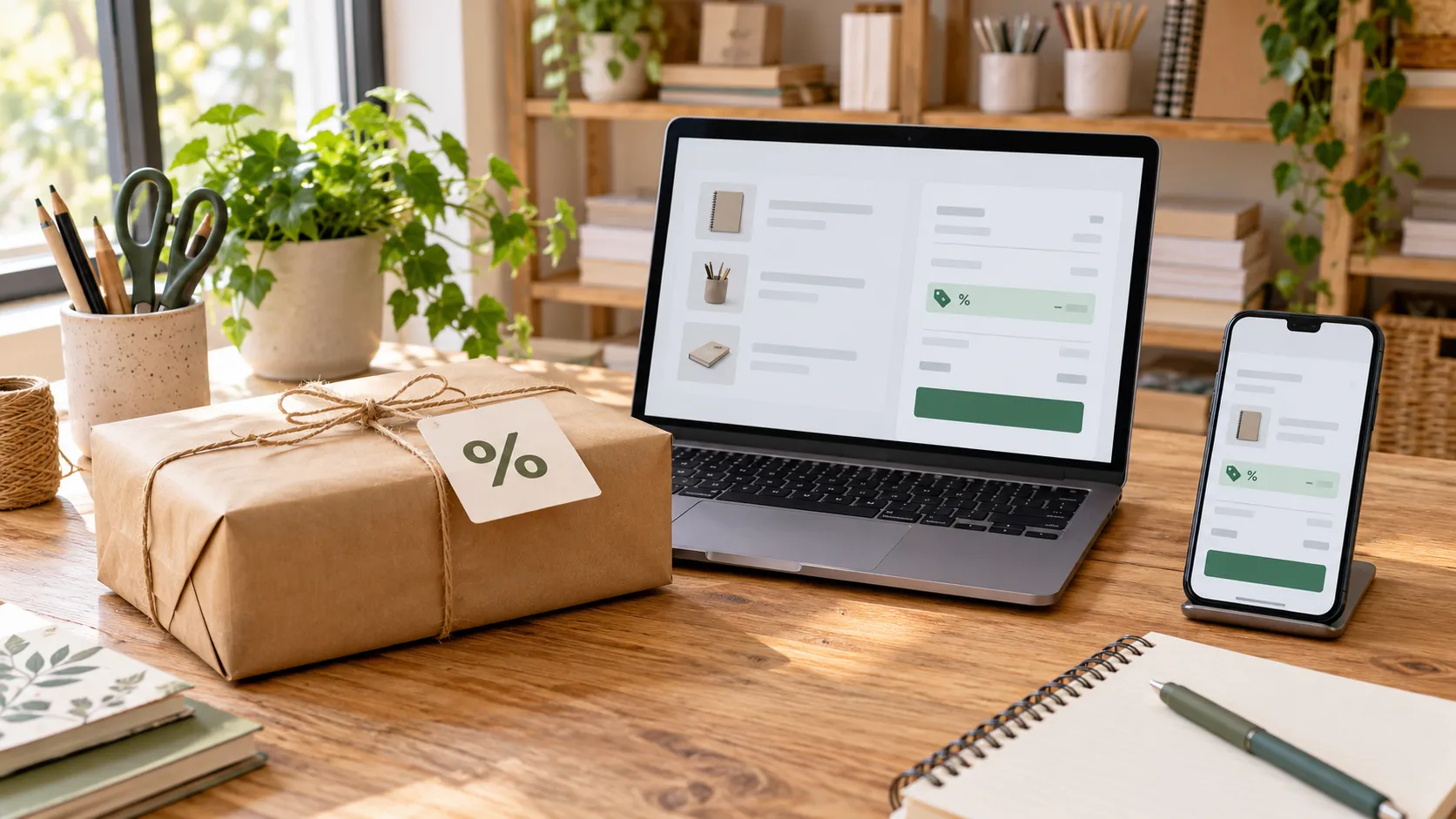 Paquete con etiqueta de descuento junto a portátil y móvil con un checkout conceptual en una papelería.