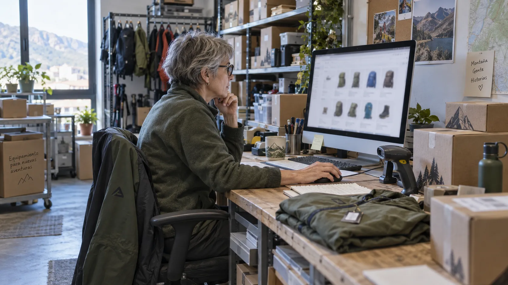 Una responsable de comercio electrónico revisa el catálogo en un monitor junto a paquetes y material de una tienda de montaña.