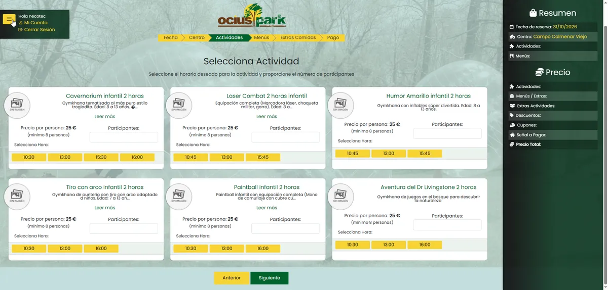 OciusPark Captura de OciusPark: Una reserva que coordina toda la actividad