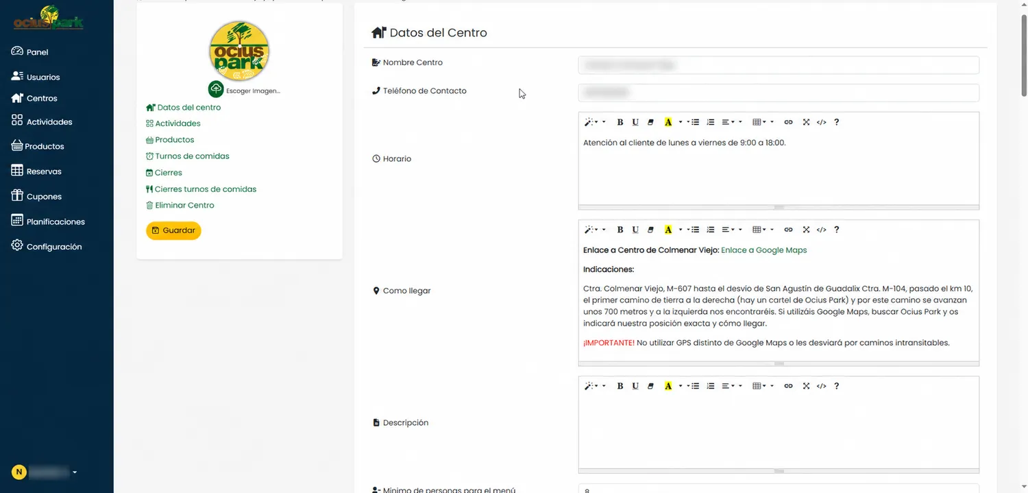 Panel de gestión de OciusPark, con datos sensibles difuminados