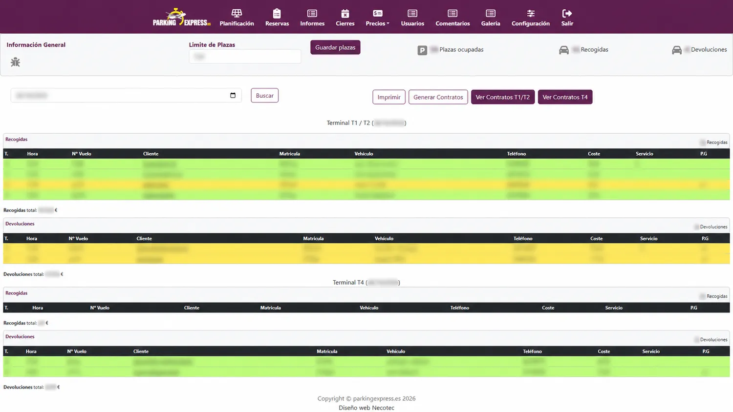 Panel de gestión de Parking Express, con datos sensibles difuminados