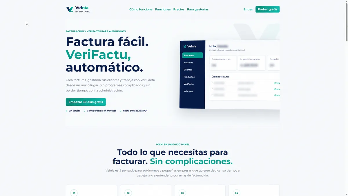 Velnia Captura de Velnia: Facturación y coordinación con la gestoría