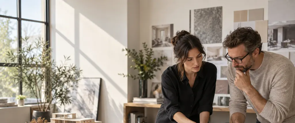 Profesionales revisando planos y muestras en un estudio de arquitectura
