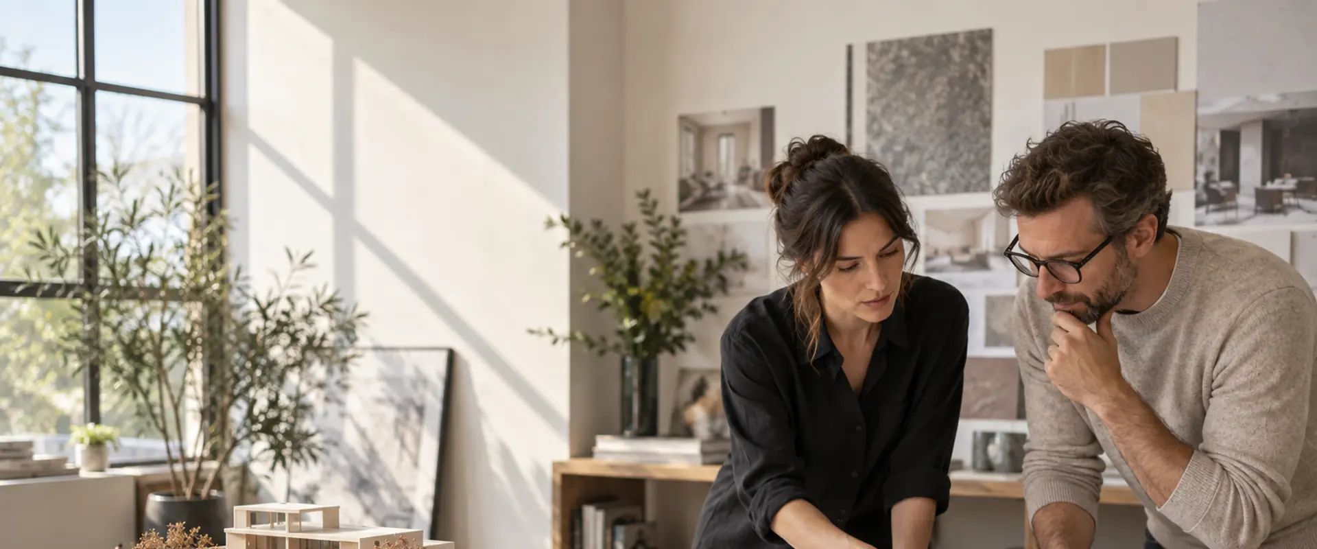 Profesionales revisando planos y muestras en un estudio de arquitectura