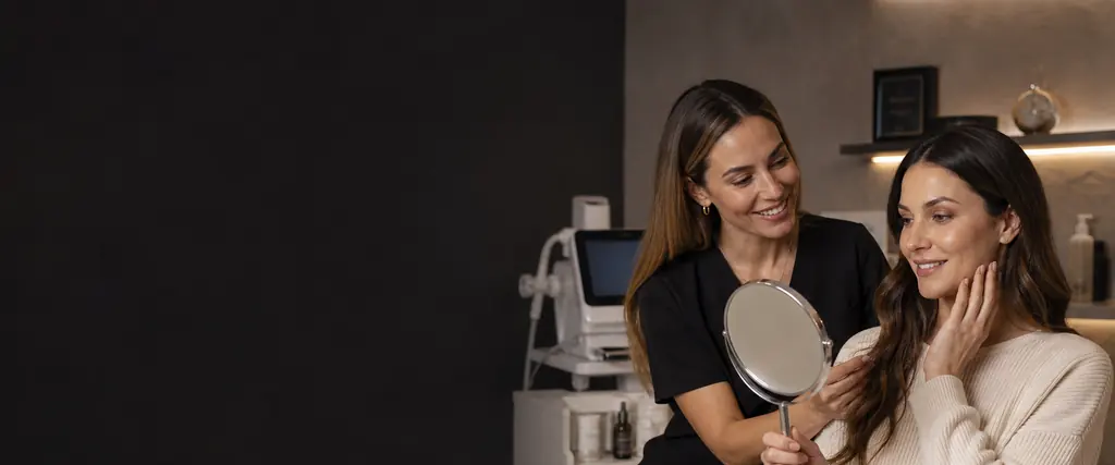 Especialista atendiendo a una paciente en una clínica estética