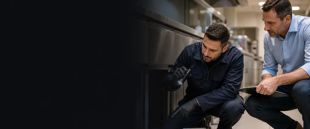 Técnico de control de plagas inspeccionando una vivienda