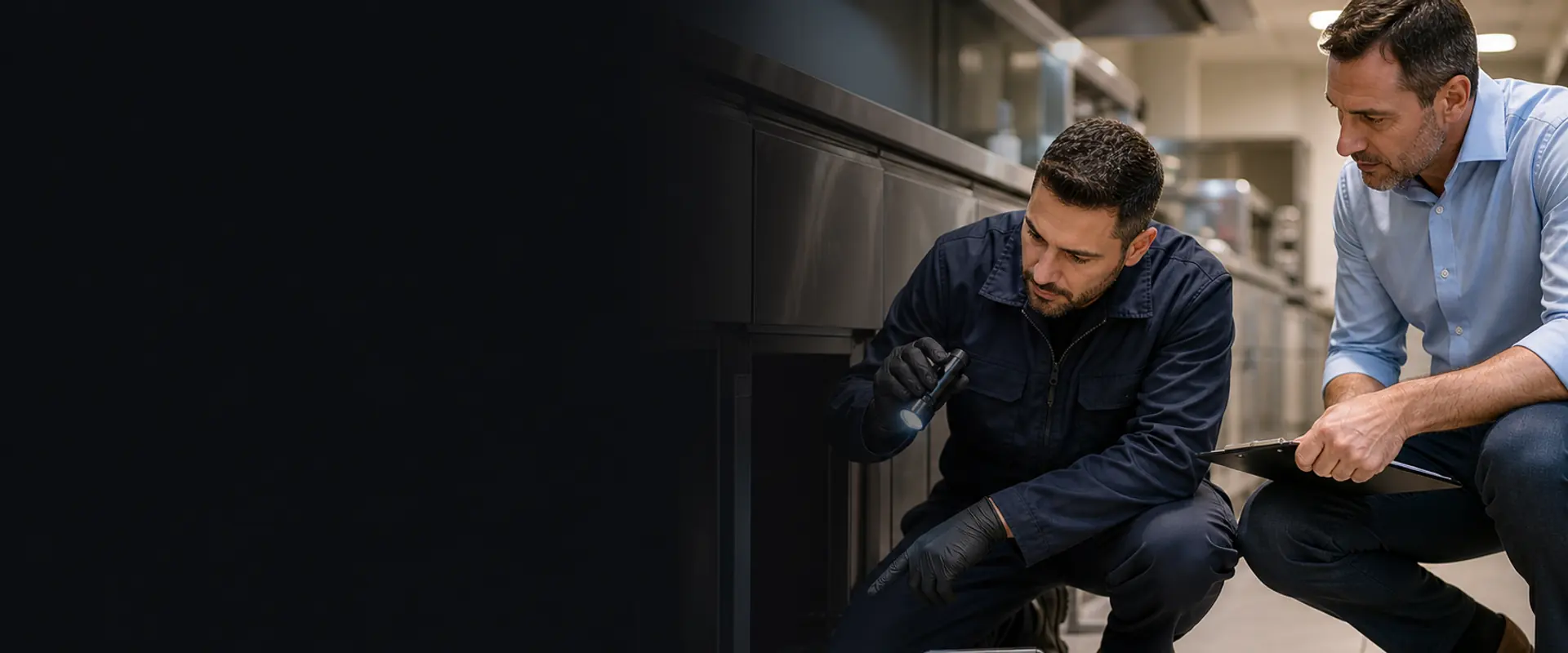 Técnico de control de plagas inspeccionando una vivienda