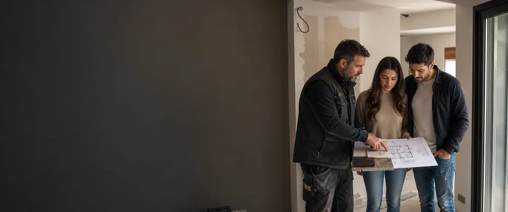 Profesional de reformas revisando planos con una pareja en una vivienda