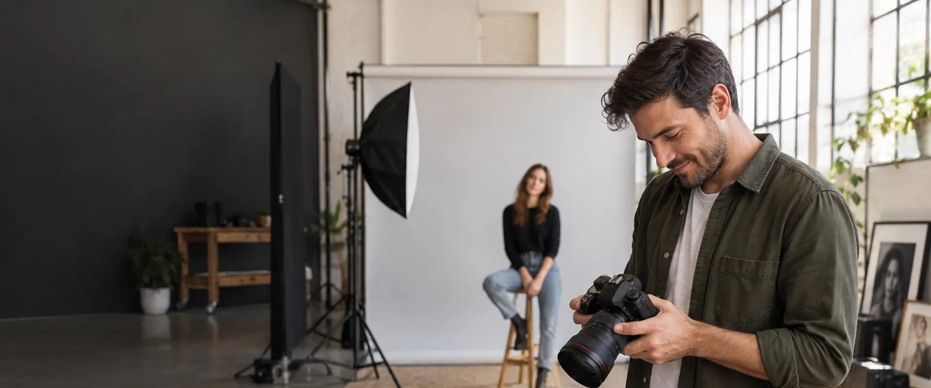 Fotógrafo revisando su cámara junto a un equipo de iluminación en el estudio