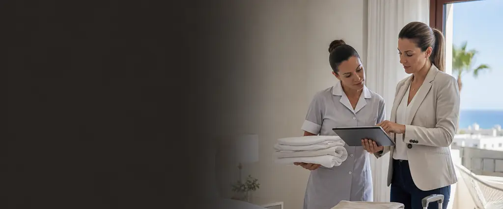 Gestora de alquiler vacacional preparando una vivienda para huéspedes