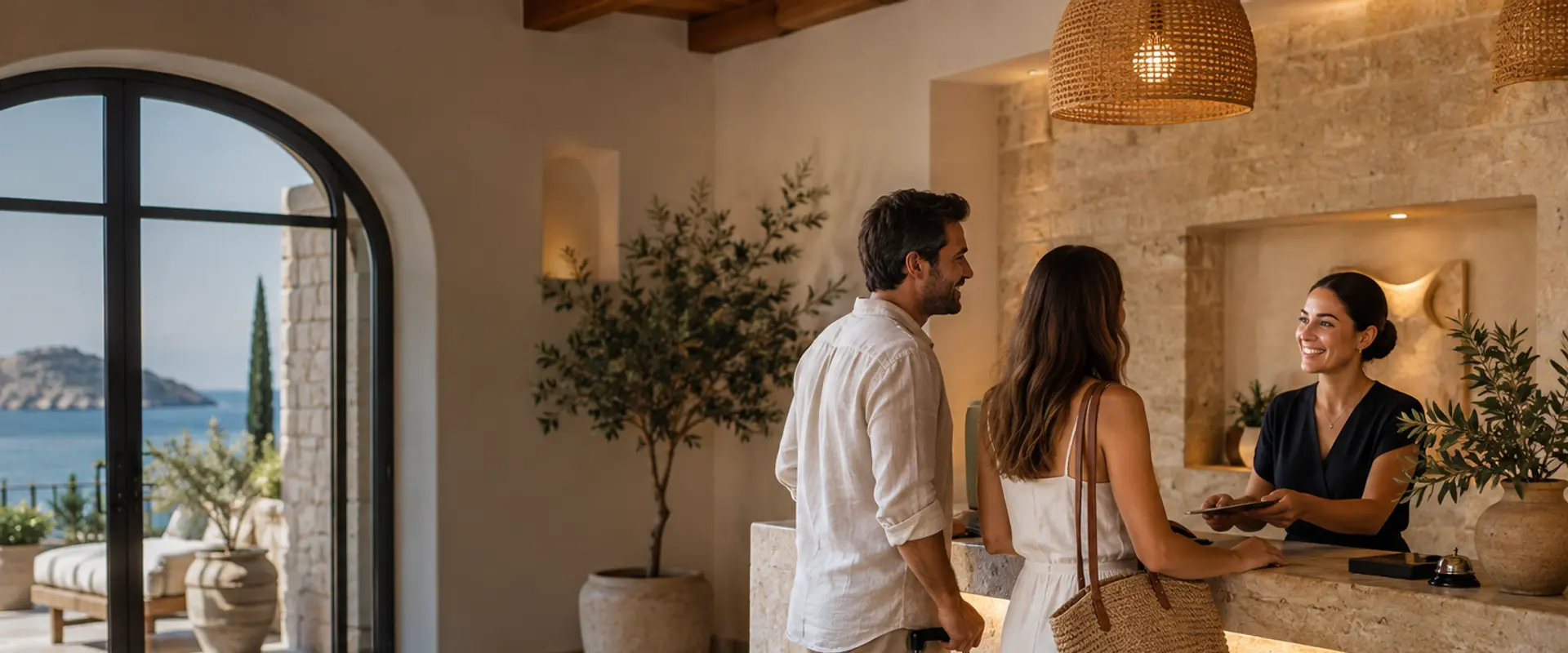 Recepcionista dando la bienvenida a dos huéspedes en un hotel