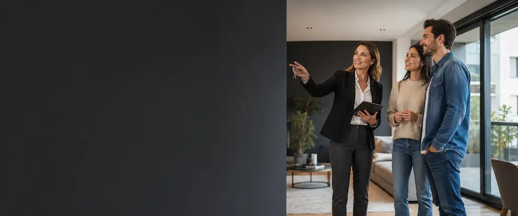 Agente inmobiliaria mostrando una vivienda luminosa a una pareja
