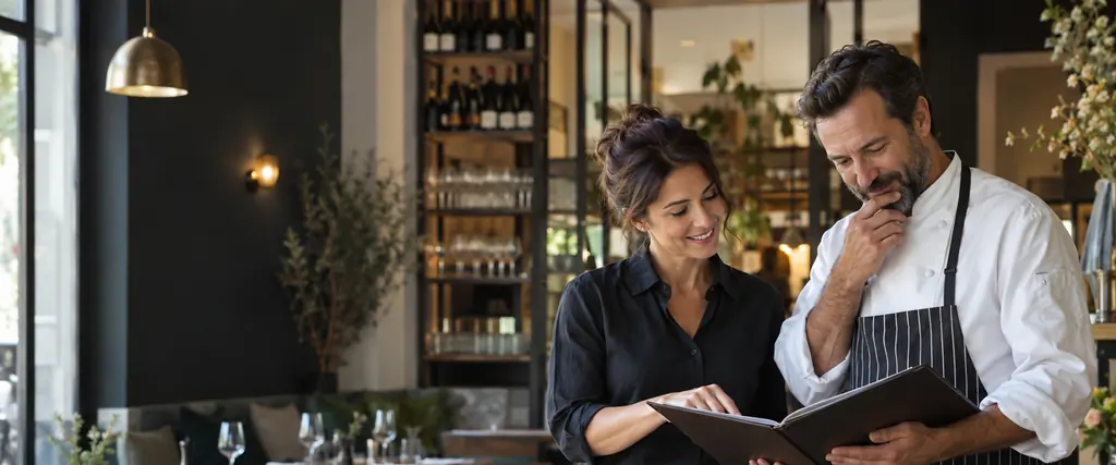 Responsable de restaurante revisando la carta con un cocinero