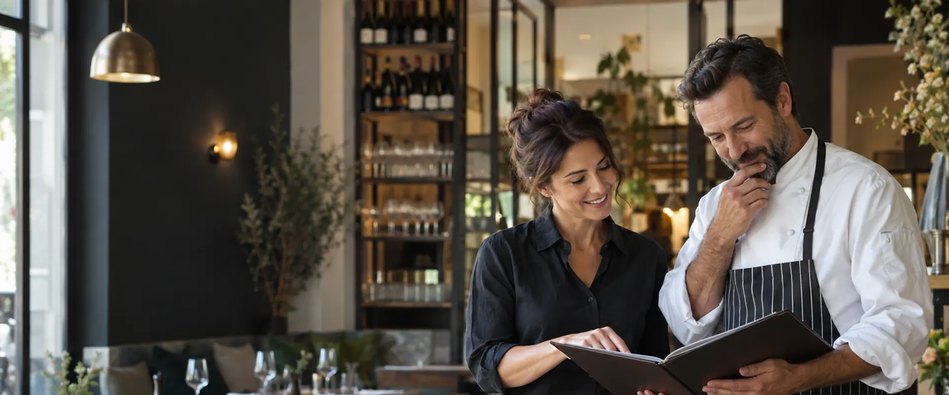 Responsable de restaurante revisando la carta con un cocinero