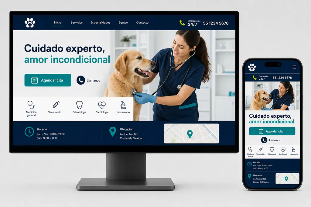 Ejemplo de página web para una clínica veterinaria con servicios, cita, horario y ubicación