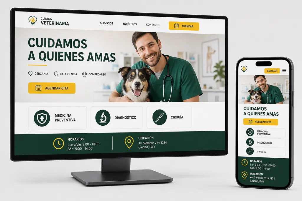 Ejemplo responsive de una web veterinaria en ordenador y móvil
