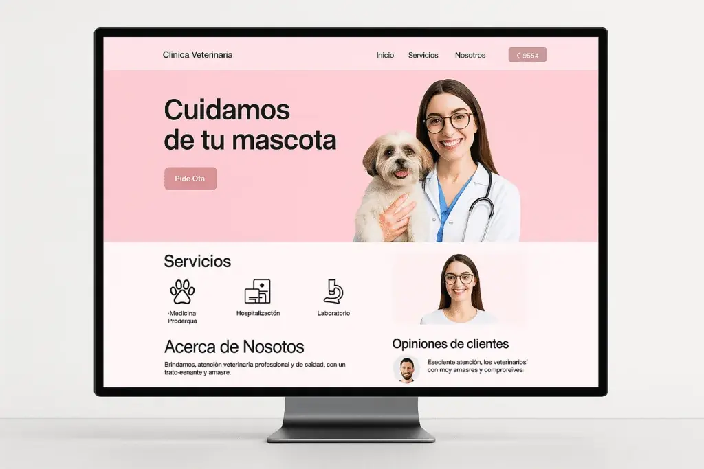 Ejemplo de página web para una clínica veterinaria mostrado en un monitor